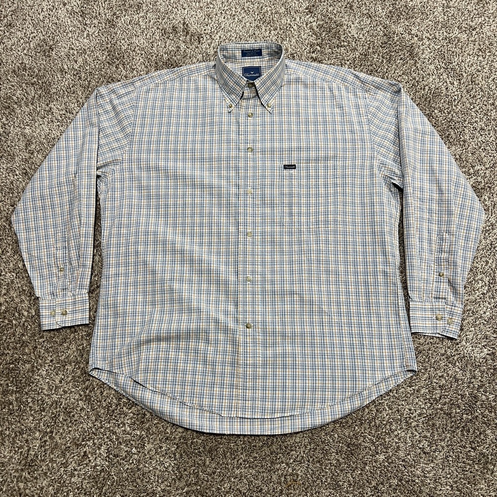 Faconnable Shirt Large Blue White Plaid Button Down Long Sleeve Pocket Mens USA